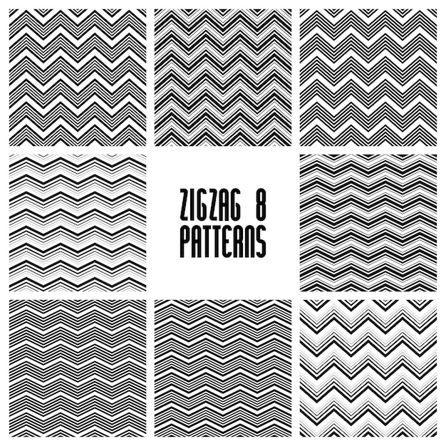 Zig zag black and white geometric seamless patterns set, vector backgrounds collection