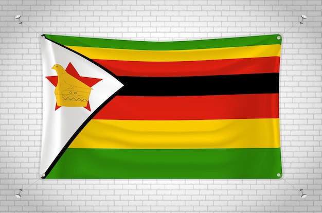 Vector zimbabwe flag hanging on brick wall. 3d drawing. flag attached to the wall. neatly drawing in groups