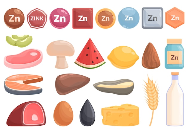 Zinc icons set cartoon vector. Mineral suplement