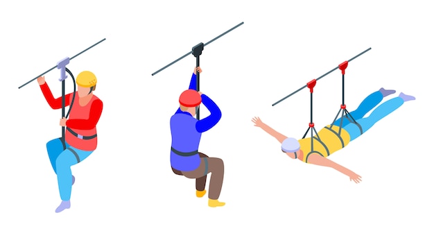 Zip line icons set, isometric style