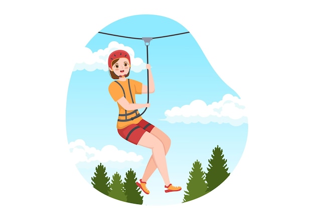 Zip Line Illustration with Visitors Walking on an Obstacle Course in Forest in Cartoon Hand Drawn