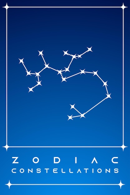 Zodiac constellation card Zodiacal mystic astrology vector symbols with stars on blue background