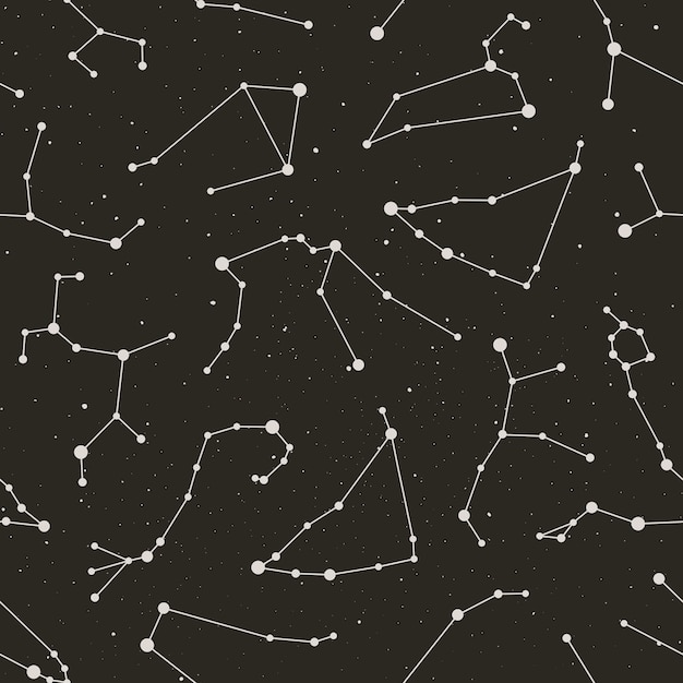 Vector zodiac constellations seamless pattern on the starry black background in minimal trendy style. vector space astrology backdrop. horoscope symbols texture.