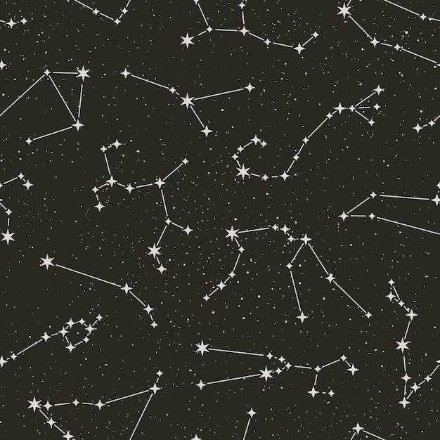 Zodiac Constellations Seamless Pattern on the starry black background in Minimal Trendy Style. Vector Space Astrology backdrop. Horoscope symbols texture.