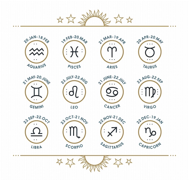 Zodiac icon collection. Sacred symbols set. Vintage style  elements of horoscope and astrology purpose. Thin line signs  on bright dotted background.  collection.