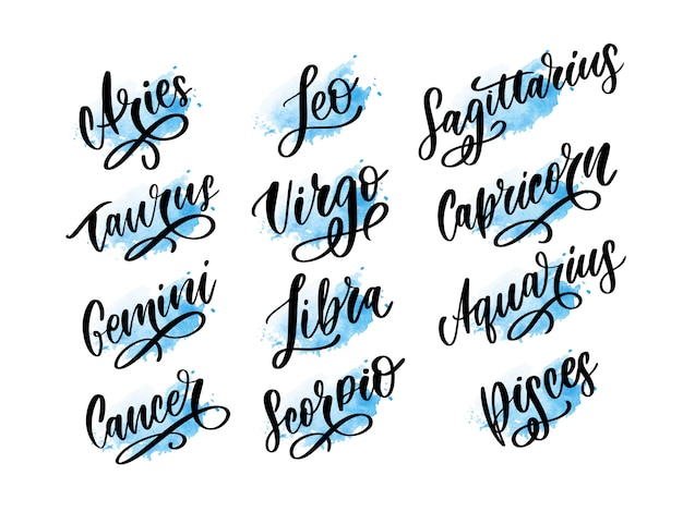 Zodiac lettering  Sign. Cartoon astrology text illustration. Horoscope handwritten icon set.