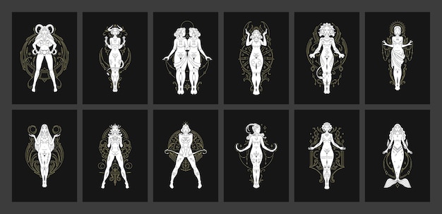 Zodiac mythology woman antique horoscope goddess astrology female line art deco set vector