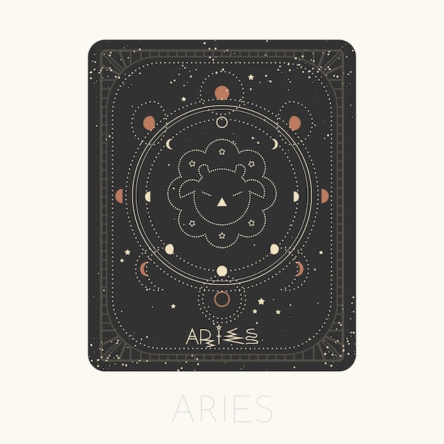 Zodiac sign Aries card Astrological horoscope symbol with moon Graphic gold icon on black background