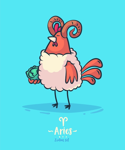 Zodiac sign aries. Rooster and cabbage. Zodiac greeting card background poster. 