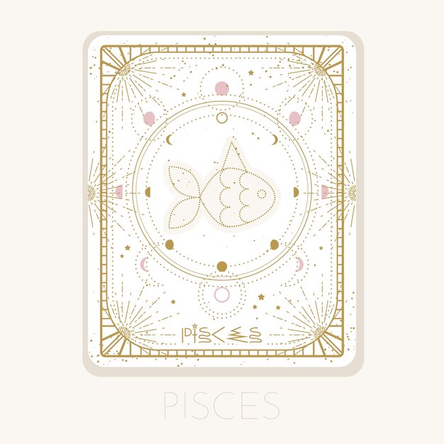 Zodiac sign Pisces card Astrological horoscope symbol with moon phases Graphic gold icon on a white background Vector line art illustration