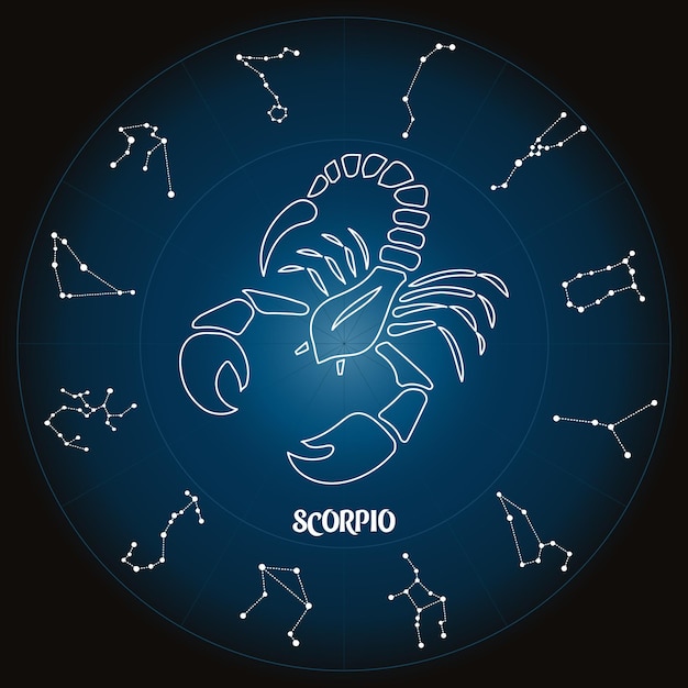 Vector zodiac sign scorpio in astrological circle with zodiac constellations, horoscope. blue and white