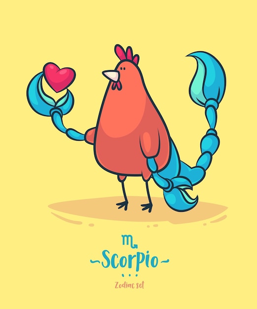 Zodiac sign scorpio. Rooster and heart. Zodiac greeting card background poster. 