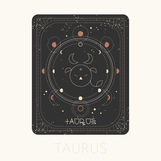 Zodiac sign Taurus card Astrological horoscope symbol with moon Graphic gold icon black background