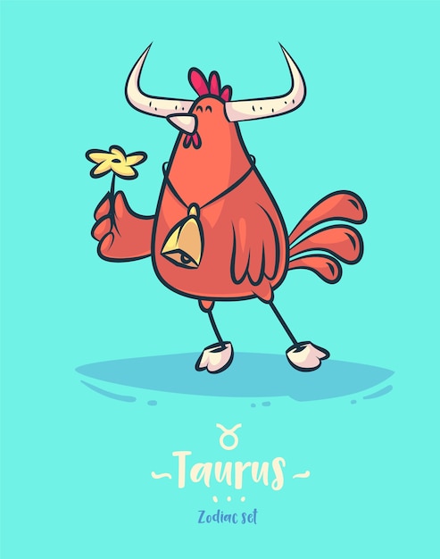 Zodiac sign taurus. Rooster bell and flower. Zodiac greeting card background poster. 