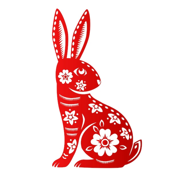 Zodiac sign year of the Rabbit with red paper cut art on white color background