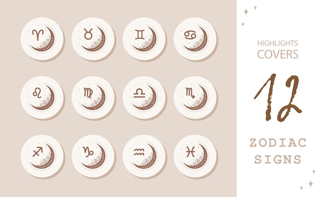 Zodiac signs in boho style Highlights Stories Covers for popular social media Set of astrological icons isolated on white background Mystery and esoteric Horoscope logo vector illustration