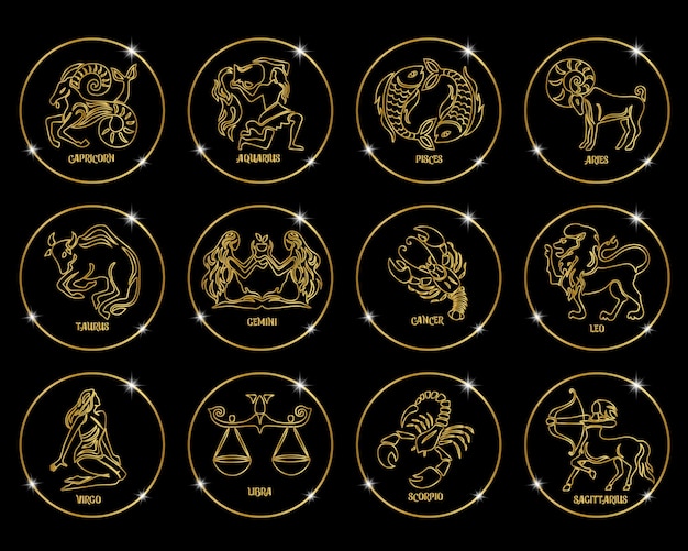 Zodiac signs in golden shiny circles, set. Golden design on a black background. Icons, vector