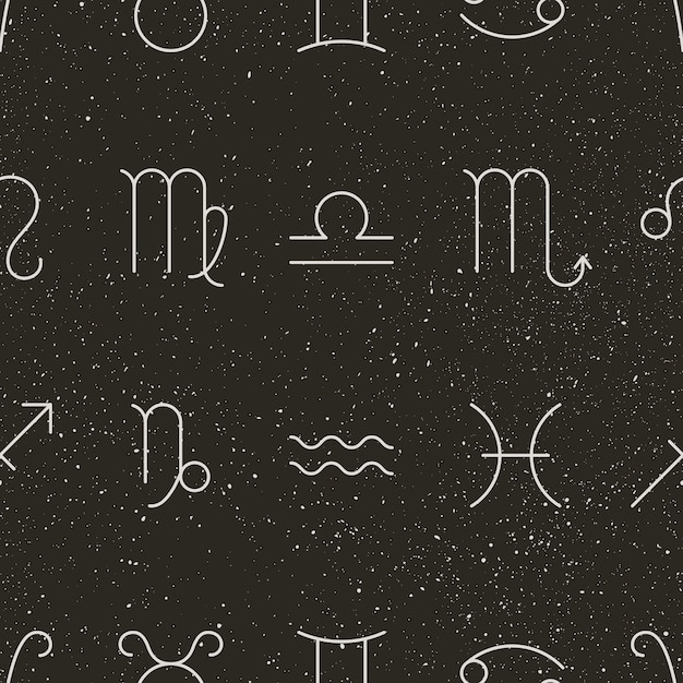 Zodiac signs and Stars Seamless Pattern. Vector Black Background of Horoscope Symbols - Aries, Taurus, Gemini, Cancer, Leo, Virgo, Libra, Scorpio, Sagittarius, Capricorn Aquarius and Pisces