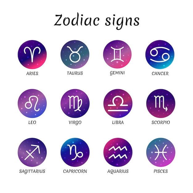 Zodiac signs. Vector set. Astrological elements with glowing stars isolated. Zodiac symbols on starry sky backround.