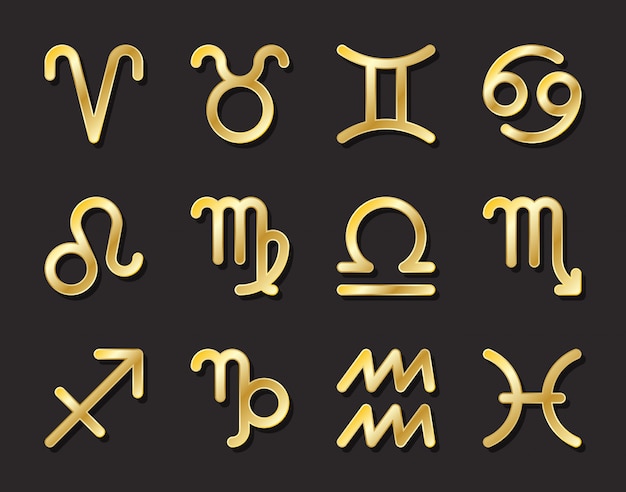 Zodiac twelve golden icons set, astrology prediction sign and horoscope symbols.