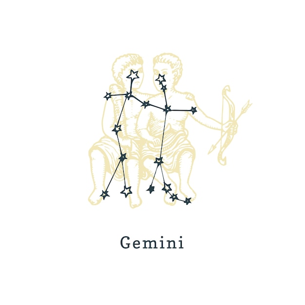 Zodiacal constellation of Gemini on background of drawn symbol in engraving style Vector illustration of sign Twins