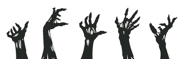 Vector zombie arms poster halloween flat vector illustration set cartoon spooky living dead creepy hands