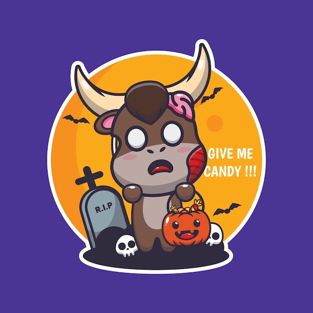 Zombie bull want candy. Cute halloween cartoon illustration.