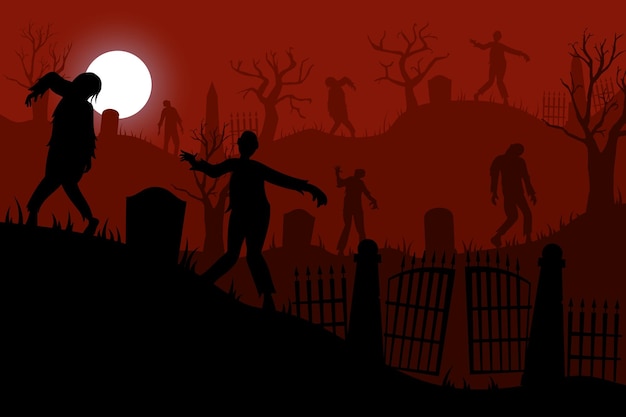 Vector zombie halloween graveyard cemetery hills silhouette scary grave landscape creepy monster walking corpses and gravestones october night landscape vector poster garish red background