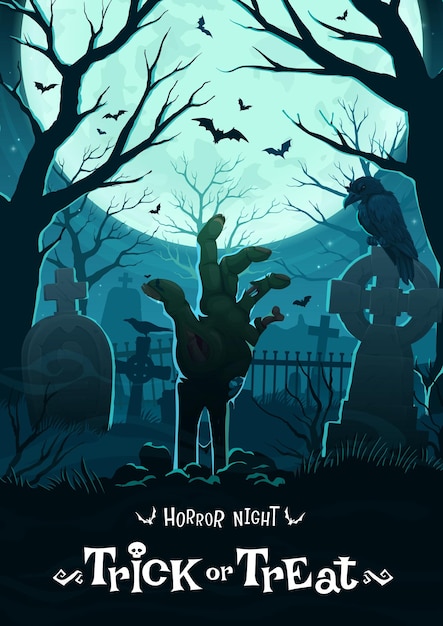 Vector zombie hand on halloween cemetery horror movie