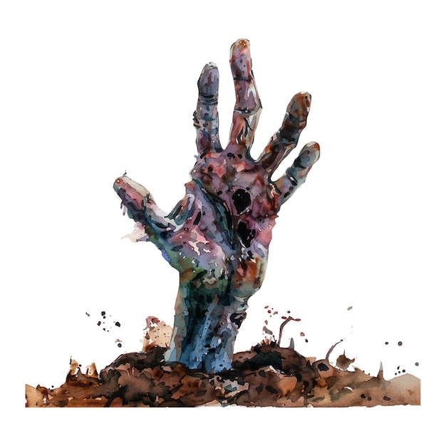 Vector zombie hand for halloween isolated watercolor coming out of the dirt on white background