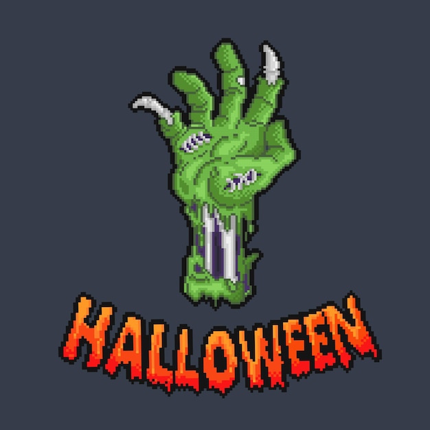 Zombie hand with Halloween title in pixel art style