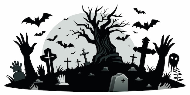 Vector zombie hands on cemetery vector scary silhouette