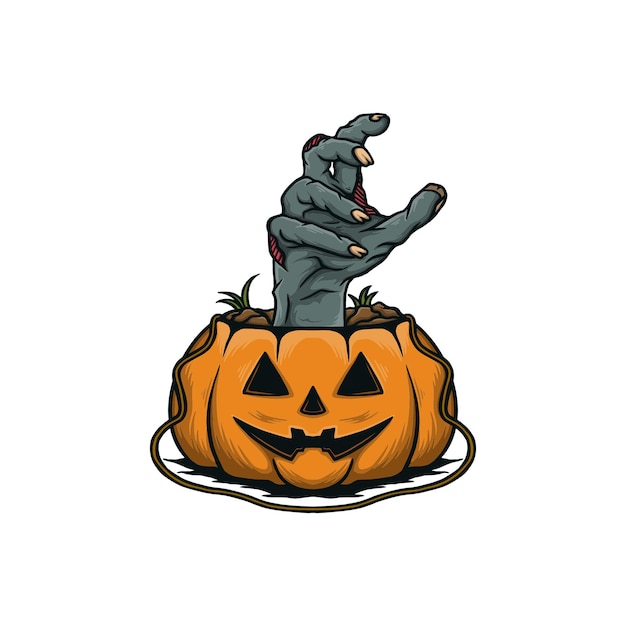 Zombie hands on halloween pumpkin vector illustration