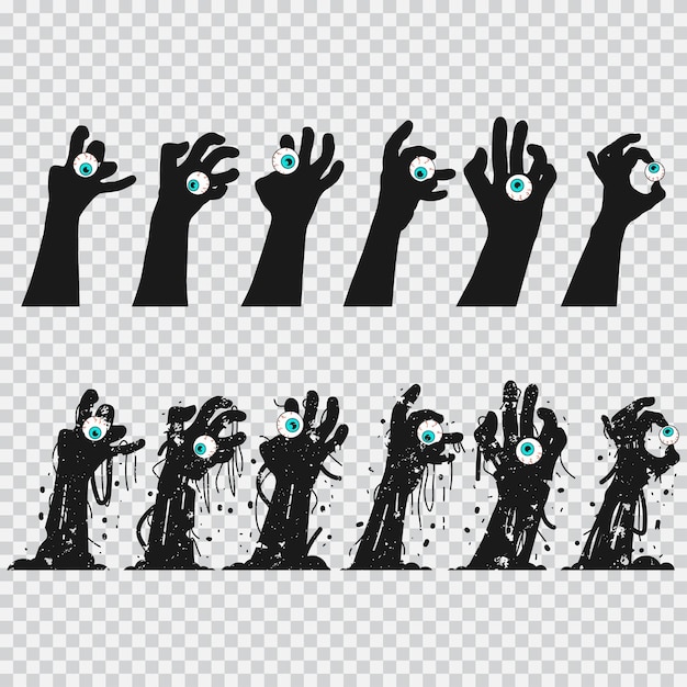 Vector zombie hands holding eyes vector silhouettes set isolated on a transparent background