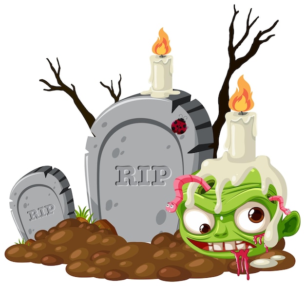 Vector zombie head with candle on tombstone