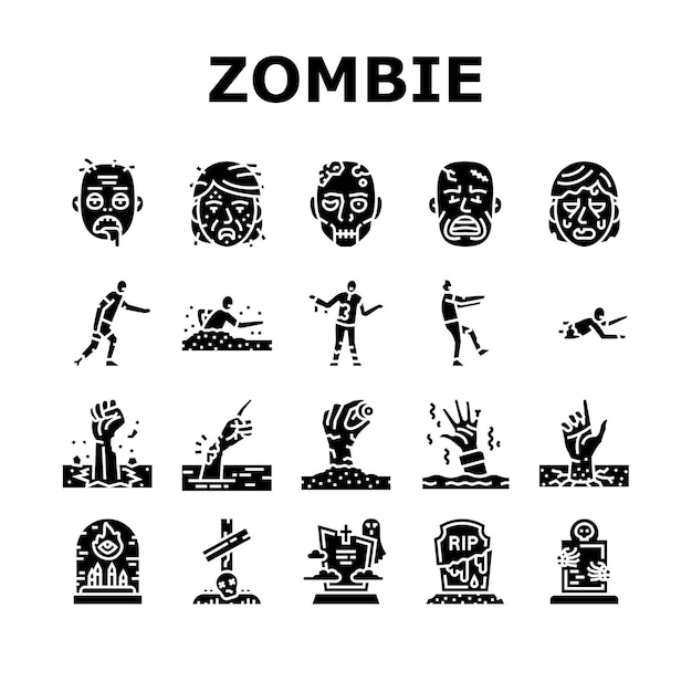 Zombie horror scary dead evil icons set vector