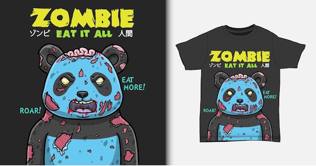 Zombie panda cartoon illustration, with t-shirt mock up.