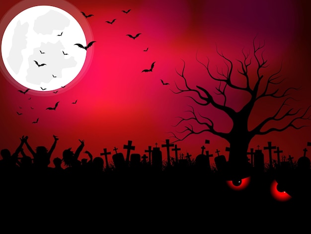 Zombie Rising Out Of A Graveyard cemetery. cat's eyes glowing in the dark. halloween background.