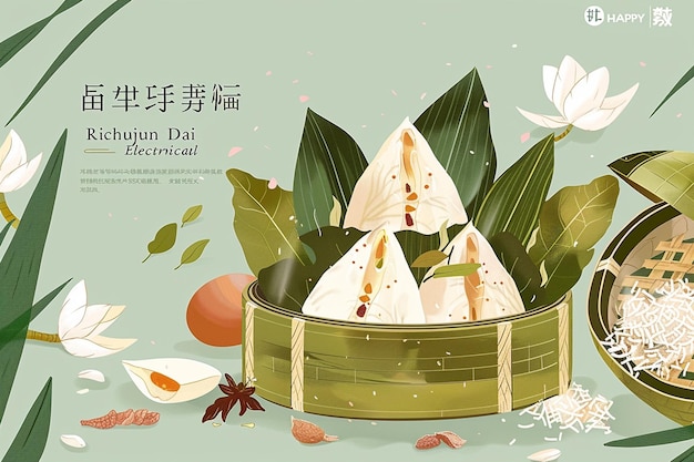 Zongzi Lotus Flowers And Leaves Design