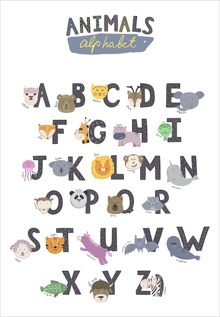 Zoo alphabet. Black capital letters with ornaments and cute Animals. Letters from A to Z. Hand drawn Cartoon animals. Different animals. Alpaca, bear, deer, elephant, panda, giraffe and others.