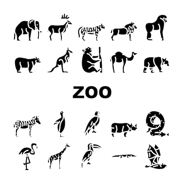 Zoo Animals Birds And Snake Icons Set Vector Tiger And Elephant Bear And Panda Zebra And Kangaroo Toucan And Eagle Crocodile And Giraffe Zoo Animals Glyph Pictograms Black Illustrations