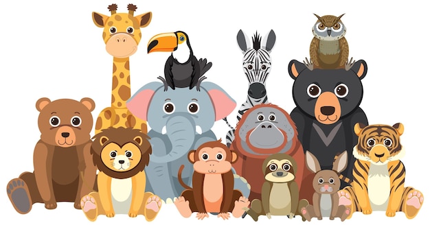 Zoo animals group in flat cartoon style