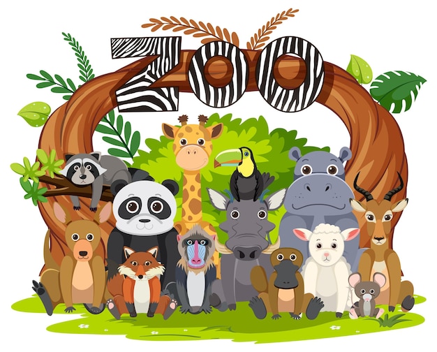 Zoo animals group in flat cartoon style