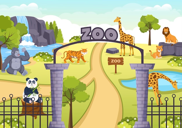 Zoo Cartoon Illustration with Safari Animals on Forest Background