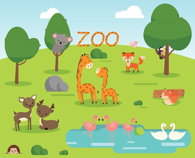 Zoo cartoon poster with giraffe, fox, bird, swan, flamingo, koala 