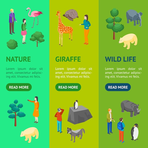 Vector zoo concept banner vecrtical set 3d isometric view animal wildlife nature park vector illustration of zoological garden