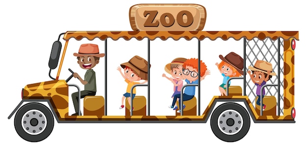 Zoo concept with children on tourist car isolated on white background