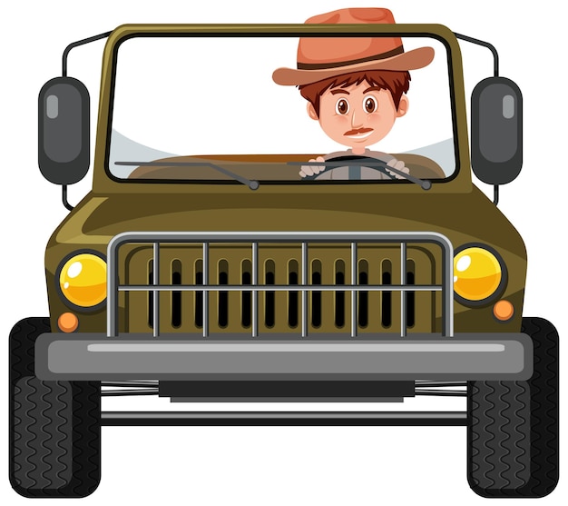 Vector zoo concept with driver man in jeep car isolated