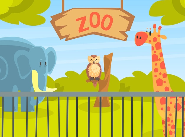 Vector zoo park with wild animals natural african landscape with wild giraffe elephant owl animal vector illustration