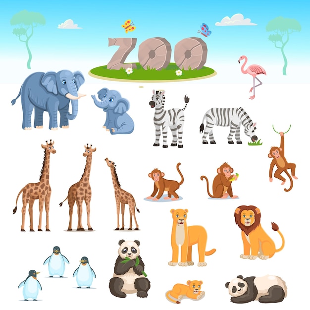 Zoo set with animals Cartoon vector illustration Pandas giraffes elephants zebras elephants